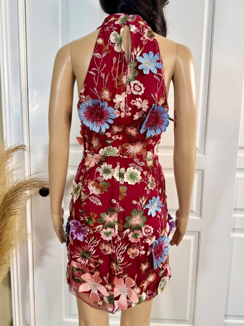 RACER TOP FITTED BURGUNDY MINI DRESS WITH 3D MULTI-COLORED FLORAL DETAILS - Picture 11 of 16